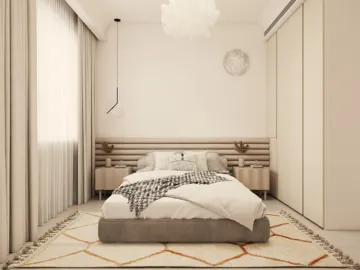 Cozy bedroom featuring a bed with soft linens, designed in a modern minimalist style, maximizing space efficiency with smart furniture arrangement, utilizing Homestyler's real-time 3D rendering capabilities.