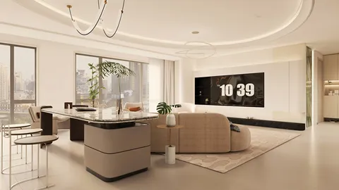 modern living room design featuring a spacious layout with stylish furniture arrangement and neutral color palette, showcasing interior decor with Homestyler's real-time 3D rendering for an accurate visual preview.