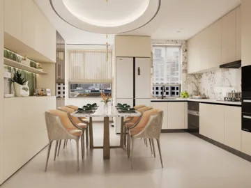 modern kitchen with dining area featuring elegant table setting and sleek cabinetry, showcasing interior design with Homestyler's real-time 3D rendering for effective space preview.