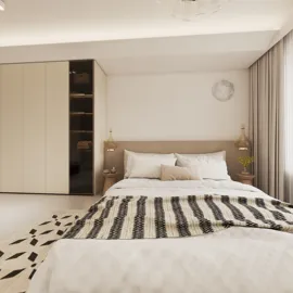 bedroom with cozy bedding and modern storage solutions featuring minimalistic design, showcasing Homestyler's real-time 3D rendering functionality.