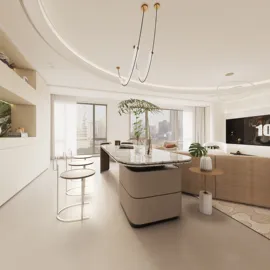 Modern kitchen design featuring a spacious island and stylish bar stools, showcasing minimalistic aesthetics and contemporary decor elements, emphasizing open-plan living space with smooth integration using Homestyler's real-time 3D rendering feature.