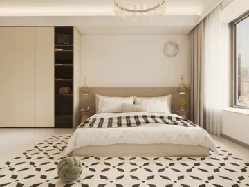 A modern bedroom featuring a cozy bed with stylish bedding, designed with a minimalist aesthetic, showcasing space optimization with smart furniture arrangement using Homestyler's real-time 3D rendering functionality.