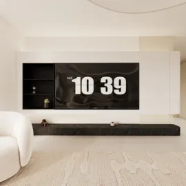 modern living room with sleek black entertainment unit displaying time, minimalistic design, space for relaxation, utilizing Homestyler's real-time 3D rendering feature