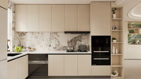 modern kitchen design featuring sleek cabinets and a stylish backsplash, showcasing a minimalist aesthetic and optimized space utilizing Homestyler's real-time 3D rendering feature.