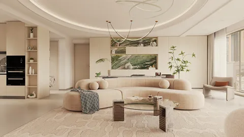 modern living room featuring a curved sofa and elegant decor, designed in a minimalist style, showcasing interior decor with a focus on space optimization using Homestyler's real-time 3D rendering.