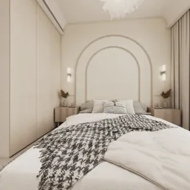 Cozy bedroom design featuring a modern layout and neutral color palette, showcasing an inviting atmosphere with a textured blanket on the bed; designed using Homestyler's real-time 3D rendering feature for an accurate visual preview.