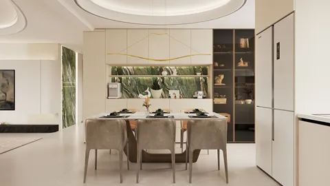 modern dining room featuring a sleek dining table with elegant table settings surrounded by stylish chairs, showcasing a minimalist design style, emphasizing the use of real-time 3D rendering for enhanced visualization.
