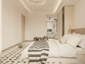 Modern bedroom design featuring a cozy bed with decorative pillows, styled with a patterned rug and minimalistic decor, showcasing Homestyler's real-time 3D rendering capability for interior design visualization.