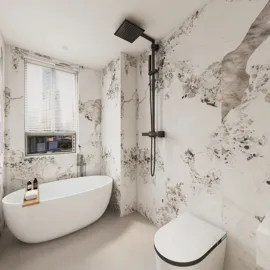modern bathroom featuring a freestanding bathtub and minimalist design with floral-patterned wallpaper, utilizing Homestyler's 3D rendering for effective interior decor visualization.