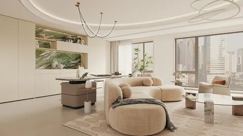 modern living room with plush furniture and natural light, featuring smart furniture arrangement for small space optimization, utilizing Homestyler's real-time 3D rendering