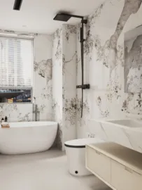 modern bathroom with marble wall design featuring a freestanding tub and sleek fixtures, demonstrating interior decor for elegant space optimization using Homestyler's real-time 3D rendering feature