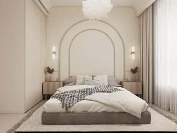 modern bedroom design featuring a large bed with plush bedding, soft color palette, and elegant lighting, showcasing interior decor ideas with Homestyler's real-time 3D rendering feature.