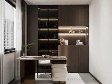 modern home office design featuring a sleek wooden desk and stylish shelving with ambient lighting, offering an inspiring workspace with an emphasis on productivity while utilizing Homestyler's real-time 3D rendering for a realistic preview.