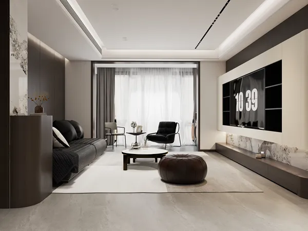 modern living room with sleek furniture arrangement and a minimalist aesthetic, showcasing interior decor ideas using Homestyler's real-time 3D rendering feature.