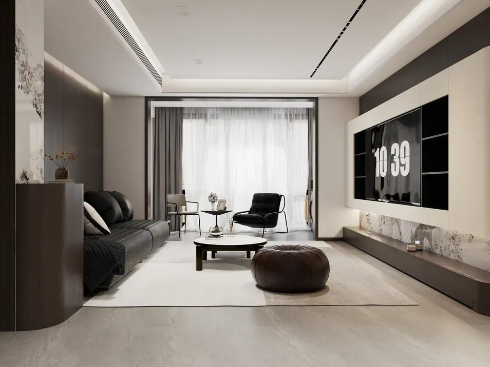modern living room with sleek furniture arrangement and a minimalist aesthetic, showcasing interior decor ideas using Homestyler's real-time 3D rendering feature.