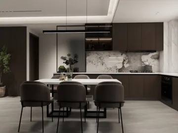 modern dining area featuring a sleek dining table with stylish chairs, showcasing a minimalist design with a dark color palette, creating a sophisticated ambiance in the kitchen space; utilizing Homestyler's real-time 3D rendering for vivid design proposals.