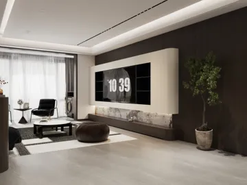 modern living room featuring sleek furniture arrangement and minimalist decor with smart TV wall design; showcasing interior design optimization using Homestyler's real-time 3D rendering feature.