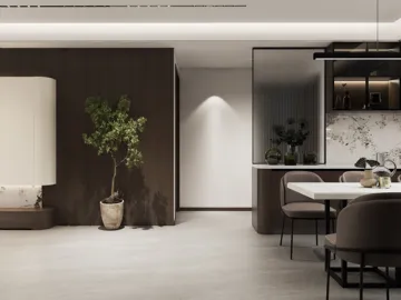 modern living room design featuring a sleek dining area and elegant furnishings in a neutral tone, optimizing small space using Homestyler's real-time 3D rendering feature.