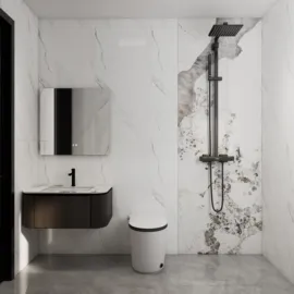 modern bathroom design featuring a sleek shower with rainfall showerhead and elegant wall tiles, showcasing interior decor styles for space optimization using Homestyler's real-time 3D rendering feature.