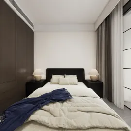 modern bedroom design featuring a cozy bed with neutral bedding, warm lighting from bedside lamps, and minimalist decor, showcasing interior design ideas using Homestyler's real-time 3D rendering feature.