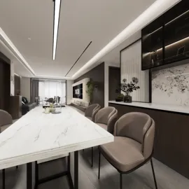 modern dining area featuring a marble table arranged with elegant chairs showcasing a contemporary style for optimized space utilization, utilizing Homestyler's real-time 3D rendering feature.