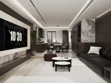 modern living room with sleek furniture arranging smart layout featuring stylish 3D interior design showcasing Homestyler's real-time 3D rendering feature