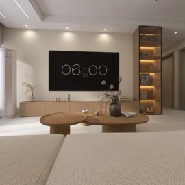 Modern living room featuring wooden coffee tables and a sleek wall-mounted TV, showcasing a minimalist design style that enhances comfort and tranquility, highlighting Homestyler's real-time 3D rendering capability for interior design.