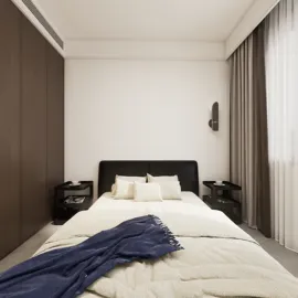 modern bedroom design featuring a black bed and neutral tones, showcasing a cozy atmosphere with curtains and wooden accents, utilizing Homestyler's real-time 3D rendering for instant design visualization.