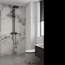 modern bathroom with shower installation showcasing elegant tiles and functional layout using Homestyler's real-time 3D rendering feature for design proposals.