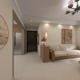 Living room with modern sofa arrangement showcasing minimalist design style, emphasizing space optimization using Homestyler's intelligent furniture layout feature.