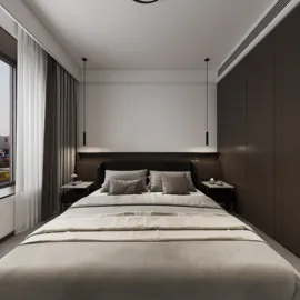 modern bedroom design featuring a queen bed with elegant bedding and ambient lighting, showcasing minimalism and sophistication, utilizing Homestyler's real-time 3D rendering for a realistic visualization experience.