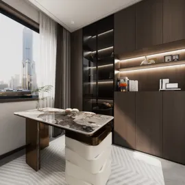 modern home office design featuring a sleek desk with marble surface and elegant cabinetry, showcasing intelligent furniture arrangement for optimal space utilization, utilizing Homestyler's real-time 3D rendering feature.