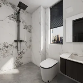 modern bathroom design showcasing a minimalist toilet and shower area with elegant marble walls and gray flooring, ideal for small space optimization using Homestyler's real-time 3D rendering feature.