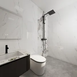 modern bathroom design featuring sleek fixtures and marble wall tiles, showcasing a minimalist style for enhanced spatial aesthetics, utilizing Homestyler's real-time 3D rendering feature.
